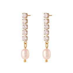 Steel Stone Earrings Mineral Steel Earring - Pearl - White Zirconia - 37mm - Gold Color