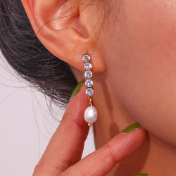 Steel Stone Earrings Mineral Steel Earring - Pearl - White Zirconia - 37mm - Gold Color