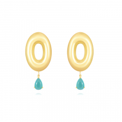 Steel Stone Earrings Oval Earrings with Mineral Teardrop - Glass Chalcedony - 44mm - Gold Color