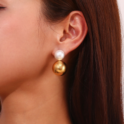 Pendiente Acero Mineral Pendientes Acero Perla - Bola 34 mm - Color Oro