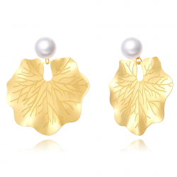 Ohrringe Edelstahl Minerale Ohrring aus Stahl – Blatt mit Perle – 50 mm – Gold- und Stahlfarben