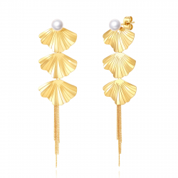 Ohrringe Edelstahl Minerale Stahlohrringe – Blätter mit Perle – 12 cm – Gold und Stahlfarben