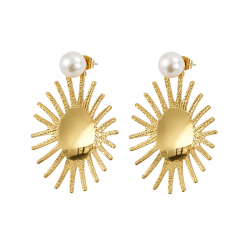 Boucles D'Oreilles Acier Minéral Boucle d'oreille en acier - Soleil et perle - 65 mm - Couleur or et acier