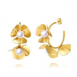 Ohrringe Edelstahl Minerale Mineral Ohrringe - Drei Blumen - Halbkreis - 45mm - Goldfarbe und Stahlfarbe