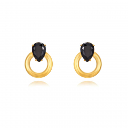 Boucles D'Oreilles Acier Zircone Boucles d'oreilles Acier Creux - Zircone de couleur Noire - 26 mm - Dorure Or