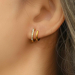 Steel Zircon Earrings Steel Earrings Zirconia - Double Semi Hoop - 12 mm - Gold Plated