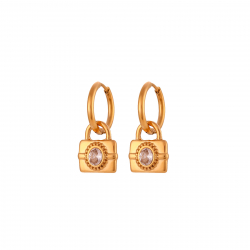 Steel Zircon Earrings Padlock Hoop Steel Earrings - White Zirconia - 16+10 mm - Gold Color