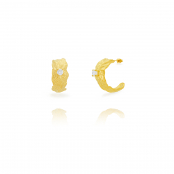 Steel Zircon Earrings Stainless Steel Zirconia Feather Earrings - Semi-Hoop - 27 mm - Gold and Stainless Steel