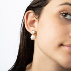 Silver Stone Earrings Cultured Pearl Earrings - White Zirconia - 22 mm - Zirconia - Gold plated