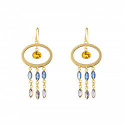 Pendiente Bronce Mineral Pendientes Círculo Minerales - 67*29mm - Citrino, Amatista, Iolita - Bañado Oro