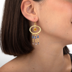 Pendiente Bronce Mineral Pendientes Círculo Minerales - 67*29mm - Citrino, Amatista, Iolita - Bañado Oro