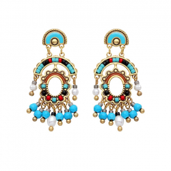 Bronze Zirconia Earrings Bohemian Turquoise Earrings - Minerals and Pearls - 38 mm - Gold Plated