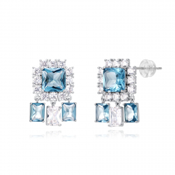 Bronze Zirconia Earrings Earrings - Blue Zirconia - Princess Cut - 28 mm - Gold Plated and Rhodium Silver