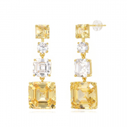 Bronze Zirconia Earrings Pendientes - Circonita Amarilla - Corte de Princesa - 37 mm - Bañado Oro y Plata Rodiada