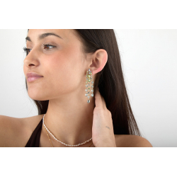 Pendiente Bronce Circonita Pendientes - Circonita Ovalada Alta Calidad-Triple Colgante Largo -9cm -Bañado Oro y Plata Rodiada