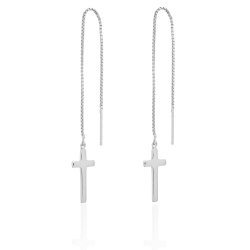 Boucles D'Oreilles Argent Lisse Boucles d'oreilles Chaîne Croix - Chaîne 74 mm - Dorure Or et Argent Rhodié