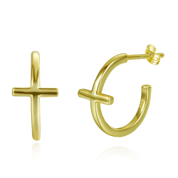 Silver Earrings Semi Hoop Cross Earrings - 15 mm - Gold Plated and Rhodium Silver