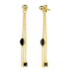 Silver Earrings Chain Earrings - 53mm - Black Enamel - Gold Plated and Rhodium Silver