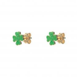 Silver Earrings Glitter Earring - Clover Leaf - 8 mm - Green - Gold Plated