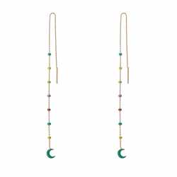 Pendiente Plata Lisa Pendientes Cadena Luna - 15,5 cm - Enamel Multi - Bañado Oro y Plata Rodiada