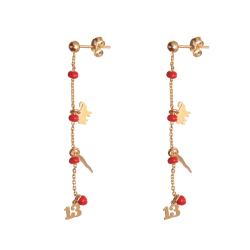 Silver Earrings Lucky Charm Chain Earrings - 5,5 cm - Red Enamel - Gold Plated