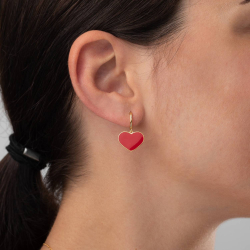 Silver Earrings Heart Earrings - Red Enamel - 11+12 mm - Gold Plated