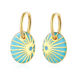 Pendiente Plata Lisa Pendientes Aro - Sol Rayas - Enamel Turquesa - 13 + 14 mm - Bañado Oro