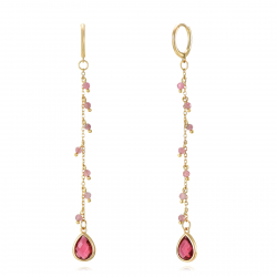 Silver Stone Earrings Mineral Earrings - Pink Tourmaline Chain - Pink Resin Teardrop - 75mm - Gold Plated