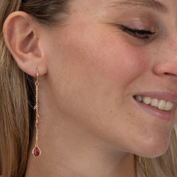 Silver Stone Earrings Mineral Earrings - Pink Tourmaline Chain - Pink Resin Teardrop - 75mm - Gold Plated