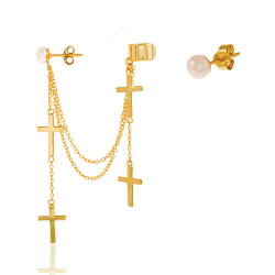 Silver Stone Earrings Pearl Earrings - Earcuff Cross - 12cm - Gold Plated