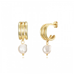 Silver Stone Earrings Pearl Mineral Earrings - Triple Hoop - 15 + 10 mm - Gold Plated and Rhodium Silver
