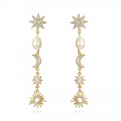 Silver Stone Earrings Pearl Minerals Earrings - Moon Sun Star 52 mm - Gold plated and Rhodium Silver