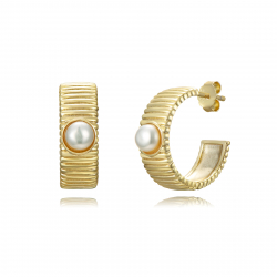 Silver Stone Earrings Pearl Earrings - Striped Semi Hoop - 15 mm - Zirconia - Gold plated and Rhodium Silver