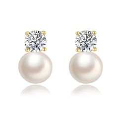 Silver Stone Earrings Cultured Pearl Earrings - White Zirconia - 10 mm - Zirconia - Gold plated and Rhodium Silver