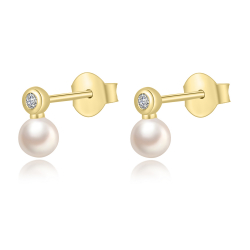 Silver Stone Earrings Cultured Pearl Earrings - White Zirconia - 7,5 mm - Zirconia - Gold plated and Rhodium Silver