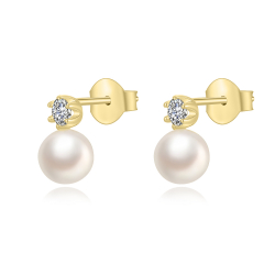 Silver Stone Earrings Cultured Pearl Earrings - White Zirconia - 9 mm - Zirconia - Gold plated and Rhodium Silver