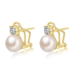 Silver Stone Earrings Cultured Pearl Earrings - White Zirconia - 13 mm - Zirconia - Gold plated and Rhodium Silver