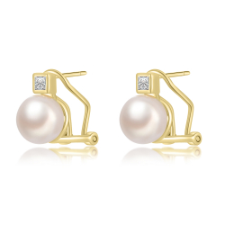 Silver Stone Earrings Cultured Pearl Earrings - Square White Zirconia - 13 mm - Zirconia - Gold plated and Rhodium Silver