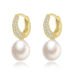 Silver Stone Earrings Cultured Pearl Earrings - White Zirconia Hoop - 20 mm - Zirconia - Gold plated and Rhodium Silver