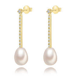 Silver Stone Earrings Cultured Pearl Mineral Bar Earrings - White Zirconia - 31 mm - Zirconia - Gold plated and Rhodium Silver