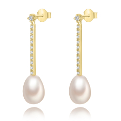  Boucles d'Oreilles Barre Minérale Perle de culture - Zircon Blanc - 31 mm - Plaqué or
