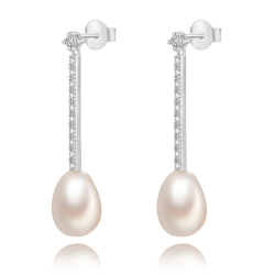  Cultured Pearl Mineral Bar Earrings - White Zirconia - 31 mm  - Rhodium Silver
