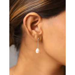 Silver Stone Earrings Cultured Pearl Mineral Bar Earrings - White Zirconia - 31 mm - Zirconia - Gold plated and Rhodium Silver