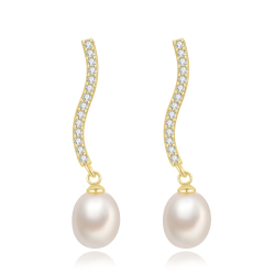 Silver Stone Earrings Cultured Pearl Mineral Earrings - Twisted Bar - White Zirconia - 35 mm - Zirconia - Gold plated and Rhodium Silver