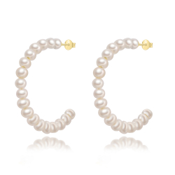 Silver Stone Earrings Semi Hoop Earrings - Cultured Pearl Minerals - 44mm(Int 34mm) - Gold Plated and Rhodium Silver