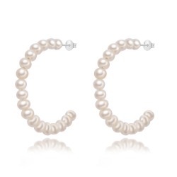  Semi Hoop Earrings - Cultured Pearl Minerals - 44mm(Int 34mm) - Rhodium Plated Silver