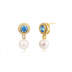 Silver Stone Earrings Cultured Pearl Earrings - Blue Zirconia - 8mm - Gold plated and Rhodium Silver