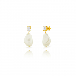 Pendiente Plata Mineral Simile Pearl Earrings - 34 mm - White Zirconia - Bañado Oro