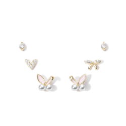 Silver Stone Earrings Cubic Zirconia Earrings - Pack of Three - Rabbit, Heart, Bow, Circle - Gold Plated and Rhodium Plated Silver