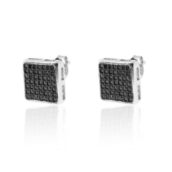 Silver Zircon Earrings Square Earrings - Black Zirconia - 10 mm - Rhodium Silver